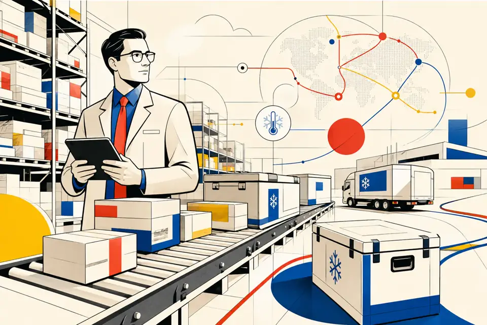 Pharma-Logistikmanager in einem modernen Lager mit Fördertechnik und Temperaturführung Pharma-Logistikmanager in einem modernen Lager mit Fördertechnik und Temperaturführung