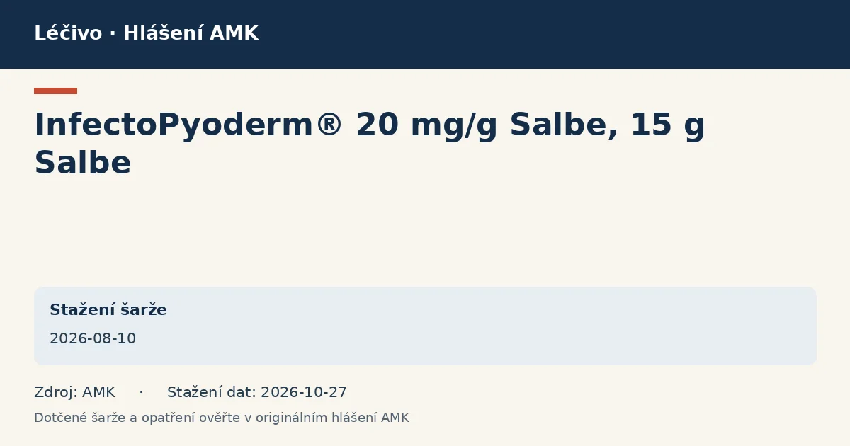 InfectoPyoderm® 20 mg/g Salbe, 15 g Salbe: datová karta hlášení AMK ze dne 2026-08-10 InfectoPyoderm® 20 mg/g Salbe, 15 g Salbe: datová karta hlášení AMK ze dne 2026-08-10