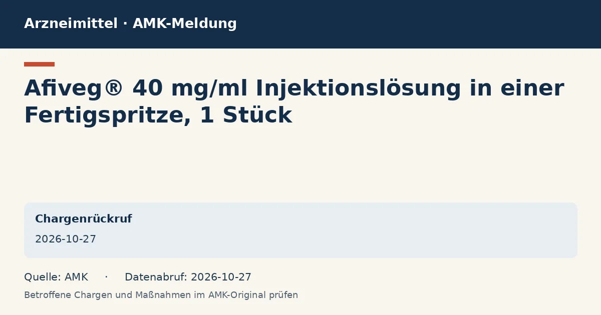 Afiveg® 40 mg/ml Injektionslösung in einer Fertigspritze, 1 Stück: Datenkarte zur AMK-Meldung vom 2026-10-27 Afiveg® 40 mg/ml Injektionslösung in einer Fertigspritze, 1 Stück: Datenkarte zur AMK-Meldung vom 2026-10-27