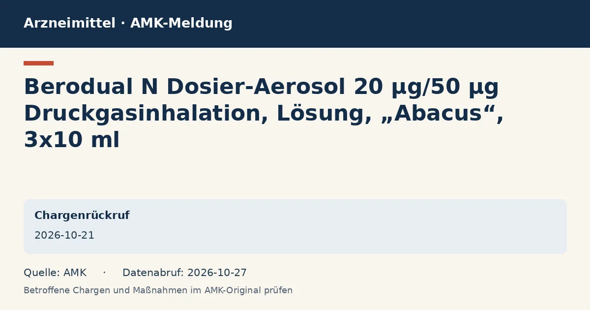 Berodual N Dosier-Aerosol 20 µg/50 µg Druckgasinhalation, Lösung, „Abacus“, 3x10 ml: Datenkarte zur AMK-Meldung vom 2026-10-21 Berodual N Dosier-Aerosol 20 µg/50 µg Druckgasinhalation, Lösung, „Abacus“, 3x10 ml: Datenkarte zur AMK-Meldung vom 2026-10-21