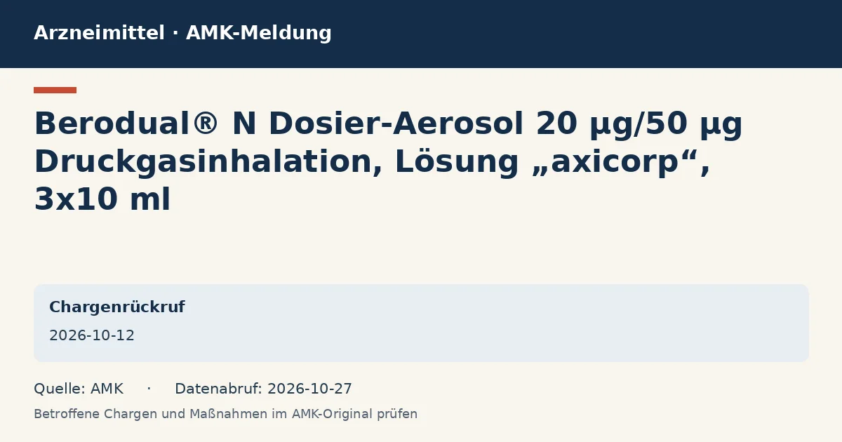 Berodual® N Dosier-Aerosol 20 µg/50 µg Druckgasinhalation, Lösung „axicorp“, 3x10 ml: Datenkarte zur AMK-Meldung vom 2026-10-12 Berodual® N Dosier-Aerosol 20 µg/50 µg Druckgasinhalation, Lösung „axicorp“, 3x10 ml: Datenkarte zur AMK-Meldung vom 2026-10-12