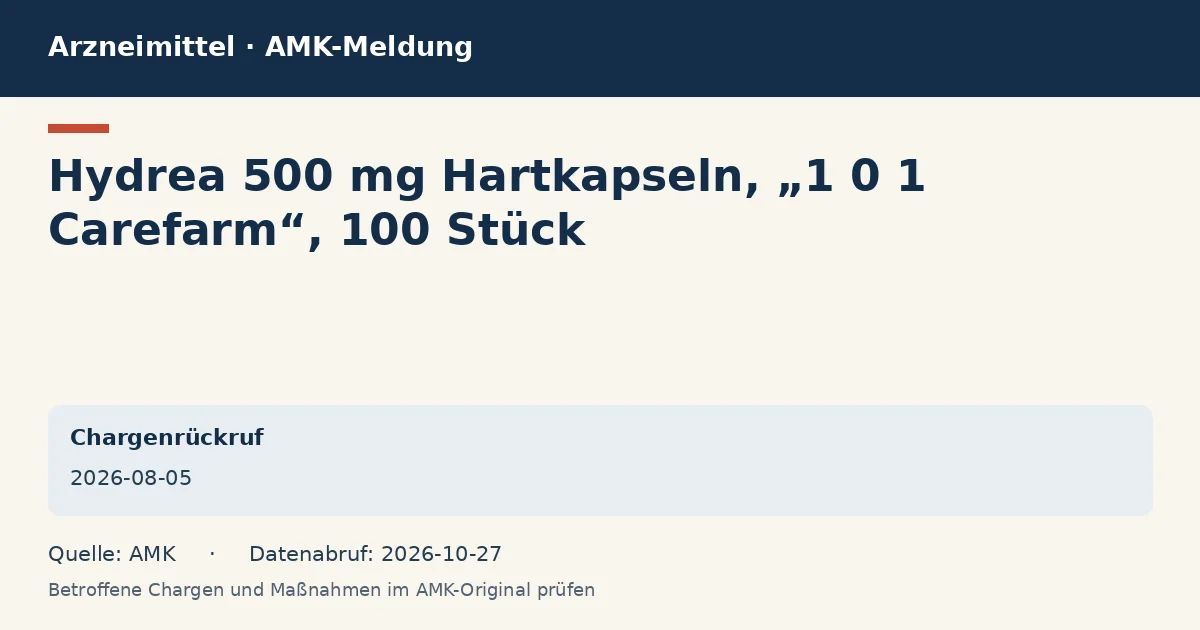 Hydrea 500 mg Hartkapseln, „1 0 1 Carefarm“, 100 Stück: Datenkarte zur AMK-Meldung vom 2026-08-05 Hydrea 500 mg Hartkapseln, „1 0 1 Carefarm“, 100 Stück: Datenkarte zur AMK-Meldung vom 2026-08-05