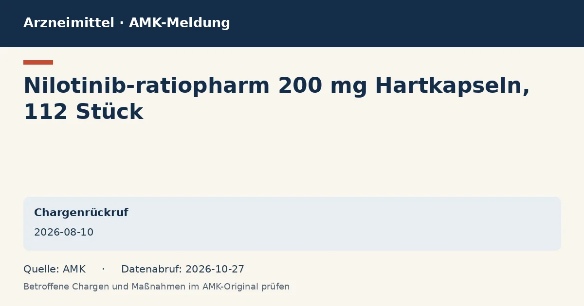 Nilotinib-ratiopharm 200 mg Hartkapseln, 112 Stück: Datenkarte zur AMK-Meldung vom 2026-08-10 Nilotinib-ratiopharm 200 mg Hartkapseln, 112 Stück: Datenkarte zur AMK-Meldung vom 2026-08-10