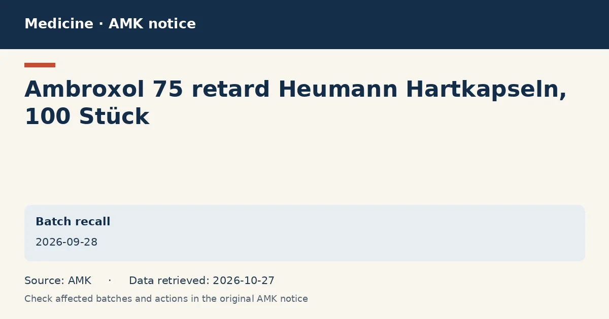 Ambroxol 75 retard Heumann Hartkapseln, 100 Stück: AMK notice data card dated 2026-09-28