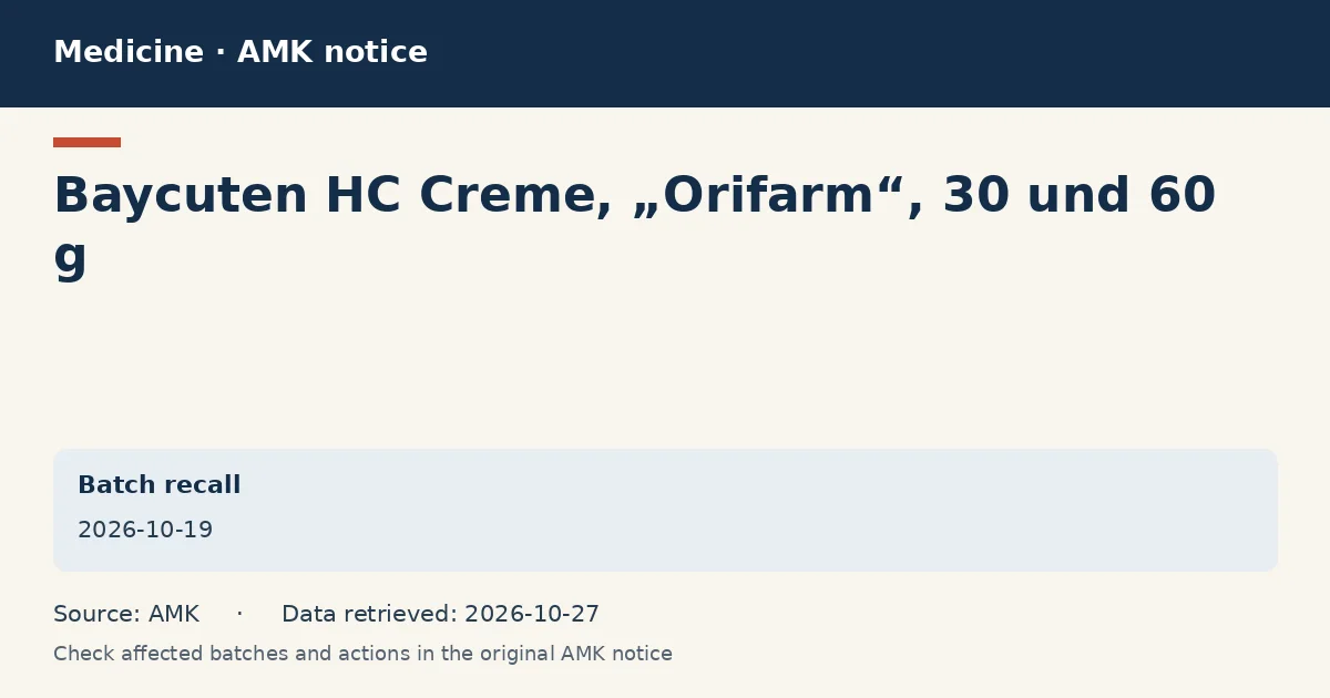 Baycuten HC Creme, „Orifarm“, 30 und 60 g: AMK notice data card dated 2026-10-19