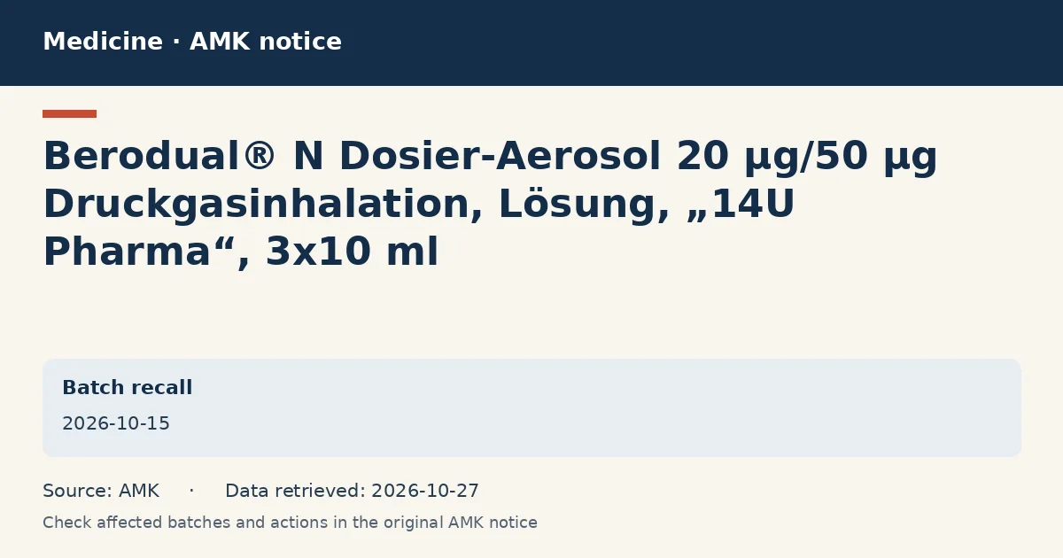 Berodual® N Dosier-Aerosol 20 µg/50 µg Druckgasinhalation, Lösung, „14U Pharma“, 3x10 ml: AMK notice data card dated 2026-10-15