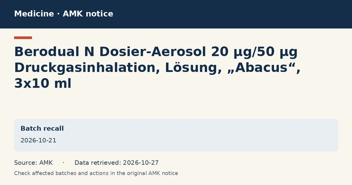 Berodual N Dosier-Aerosol 20 µg/50 µg Druckgasinhalation, Lösung, „Abacus“, 3x10 ml: AMK notice data card dated 2026-10-21