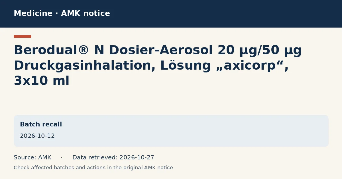 Berodual® N Dosier-Aerosol 20 µg/50 µg Druckgasinhalation, Lösung „axicorp“,  3x10 ml: AMK notice data card dated 2026-10-12