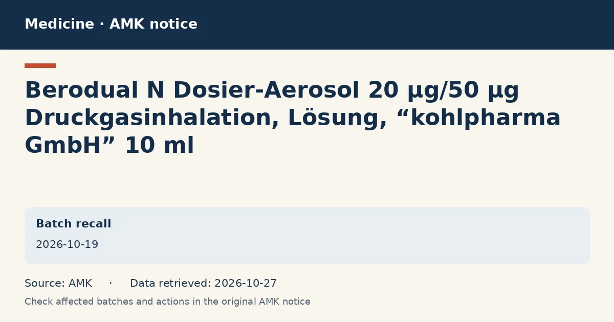 Berodual N Dosier-Aerosol 20 µg/50 µg Druckgasinhalation, Lösung, “kohlpharma GmbH”  10 ml: AMK notice data card dated 2026-10-19