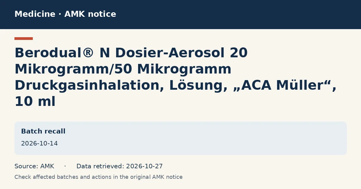 Berodual® N Dosier-Aerosol 20 Mikrogramm/50 Mikrogramm Druckgasinhalation, Lösung, „ACA Müller“, 10 ml: AMK notice data card dated 2026-10-14