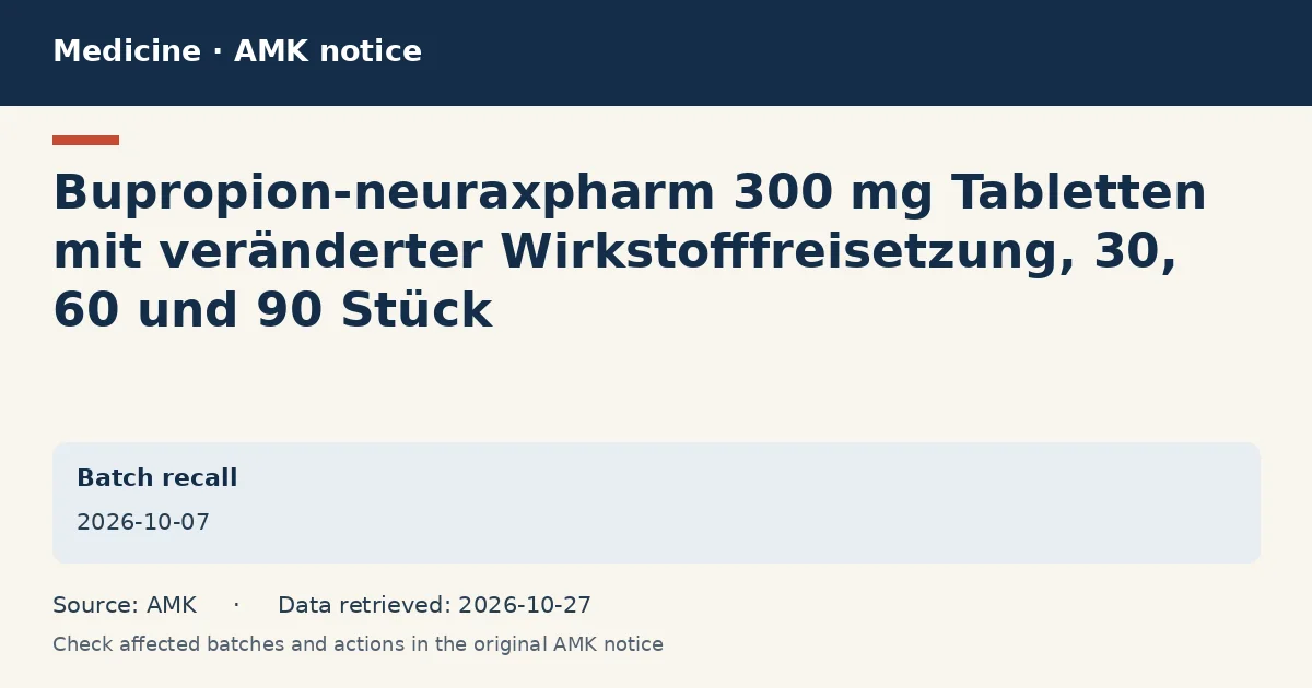 Bupropion-neuraxpharm 300 mg Tabletten mit veränderter Wirkstofffreisetzung, 30, 60 und 90 Stück: AMK notice data card dated 2026-10-07