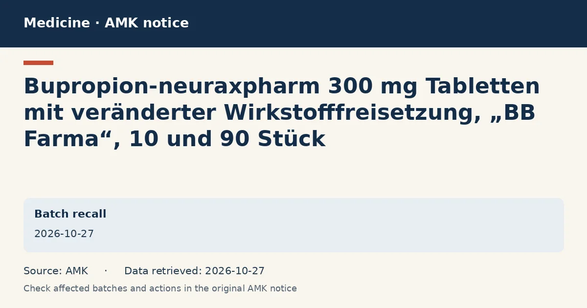 Bupropion-neuraxpharm 300 mg Tabletten mit veränderter Wirkstofffreisetzung, „BB Farma“, 10 und 90 Stück: AMK notice data card dated 2026-10-27