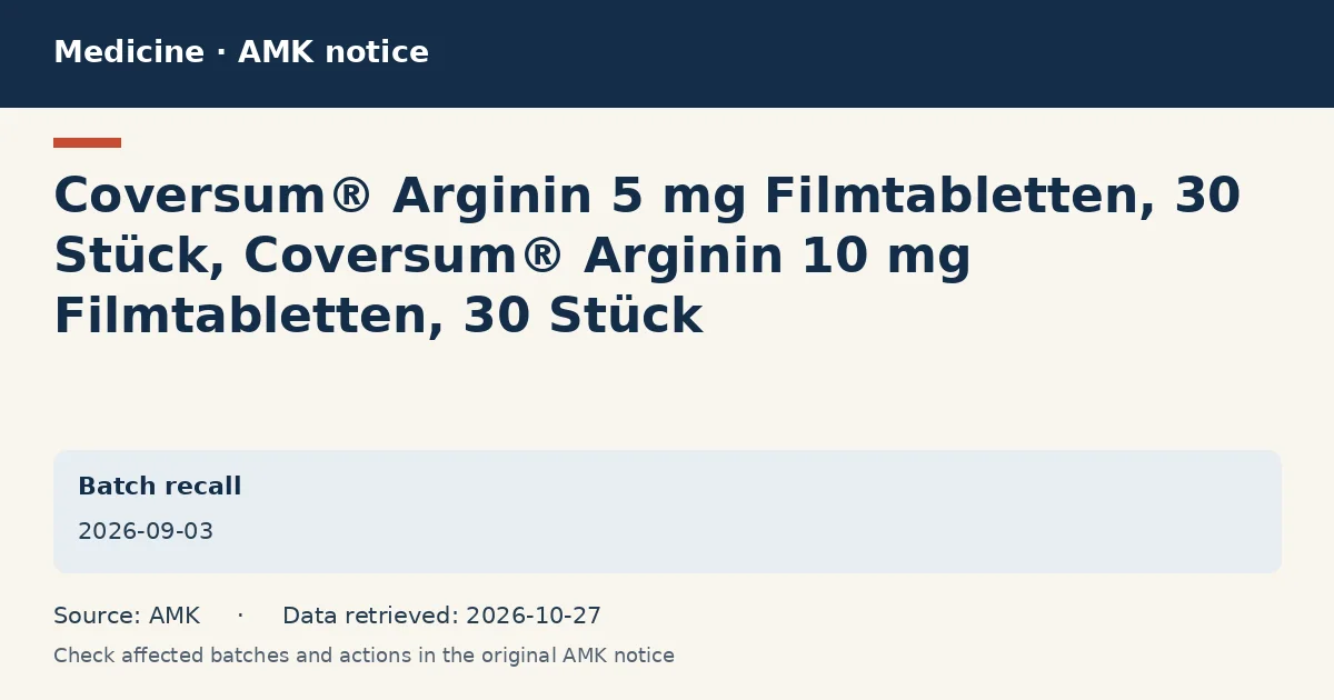 Coversum® Arginin 5 mg Filmtabletten, 30 Stück, Coversum® Arginin 10 mg Filmtabletten, 30 Stück: AMK notice data card dated 2026-09-03