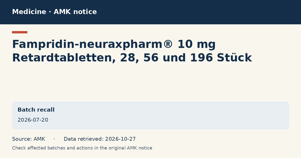 Fampridin-neuraxpharm® 10 mg Retardtabletten, 28, 56 und 196 Stück: AMK notice data card dated 2026-07-20
