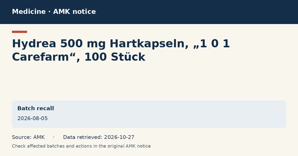 Hydrea 500 mg Hartkapseln, „1 0 1 Carefarm“, 100 Stück: AMK notice data card dated 2026-08-05