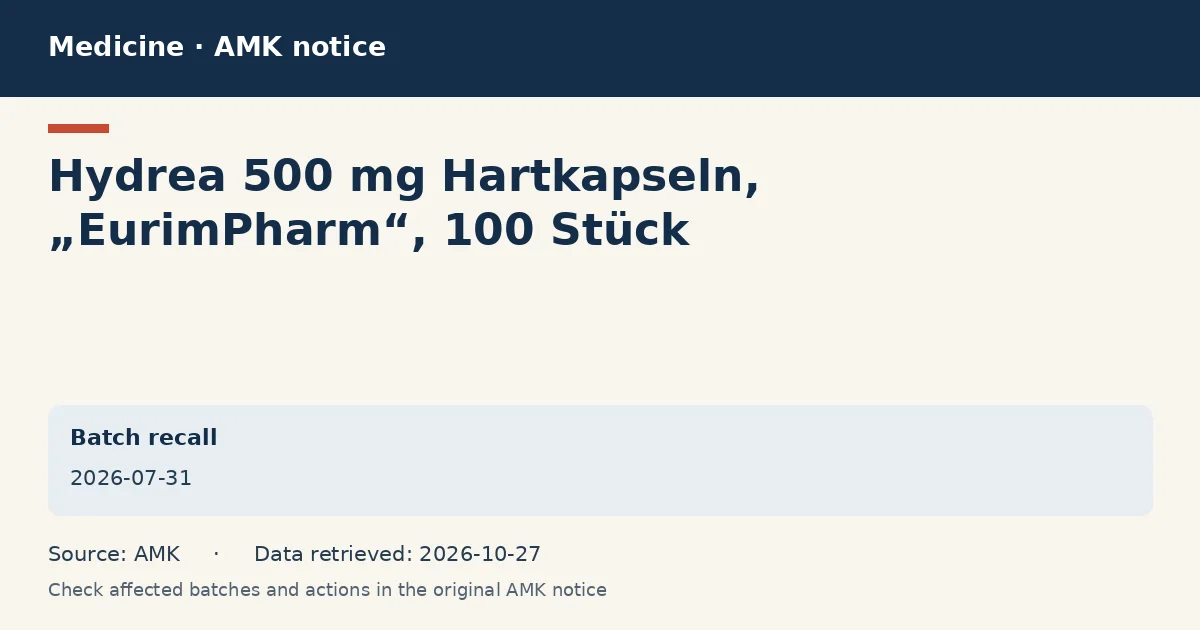 Hydrea 500 mg Hartkapseln, „EurimPharm“, 100 Stück: AMK notice data card dated 2026-07-31