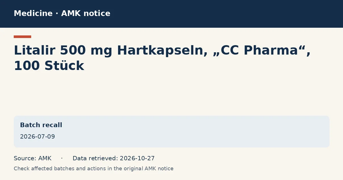 Litalir 500 mg Hartkapseln, „CC Pharma“, 100 Stück: AMK notice data card dated 2026-07-09