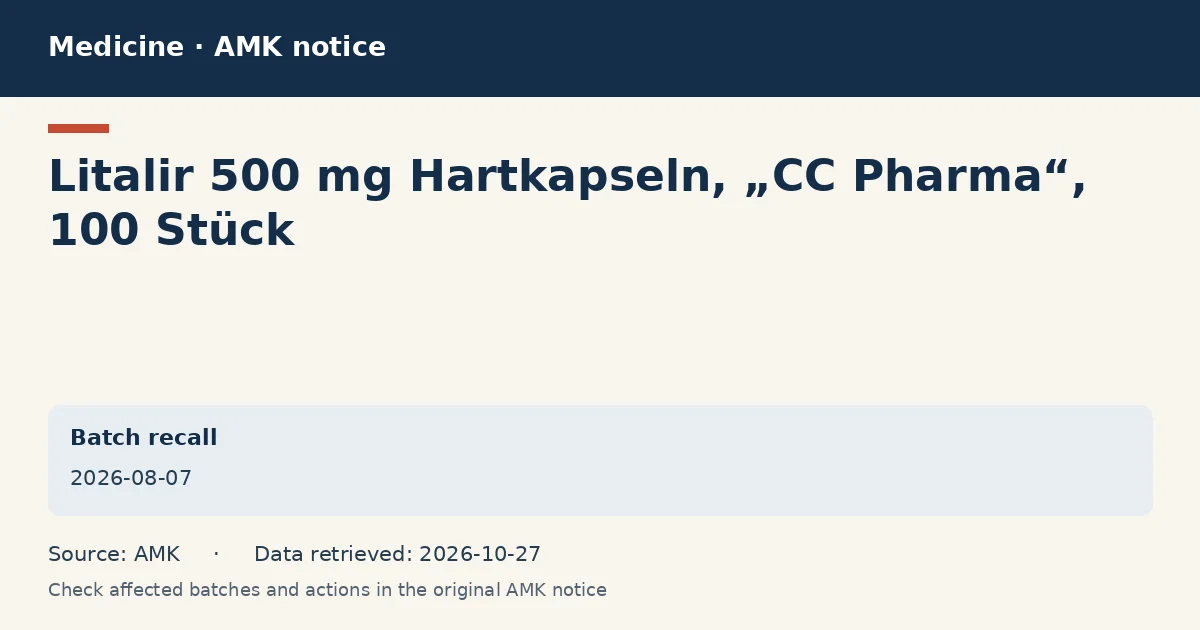 Litalir 500 mg Hartkapseln, „CC Pharma“, 100 Stück: AMK notice data card dated 2026-08-07