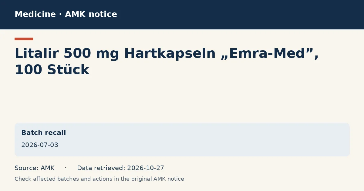 Litalir 500 mg Hartkapseln „Emra-Med”, 100 Stück: AMK notice data card dated 2026-07-03
