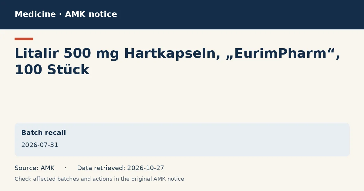 Litalir 500 mg Hartkapseln, „EurimPharm“, 100 Stück: AMK notice data card dated 2026-07-31