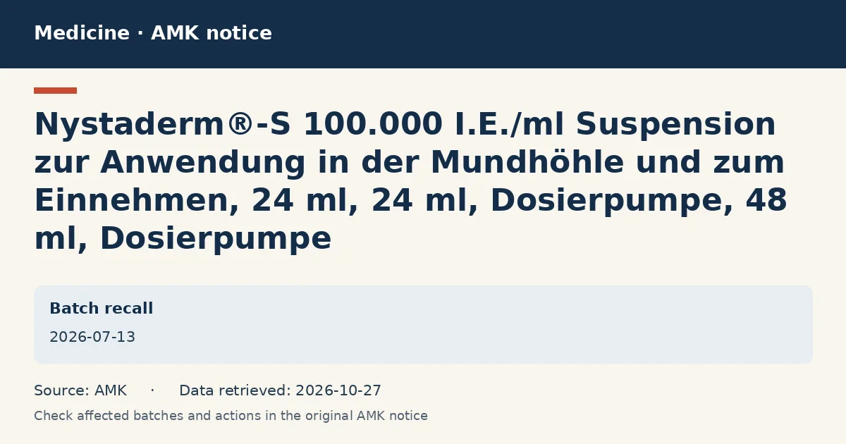 Nystaderm®-S 100.000 I.E./ml Suspension zur Anwendung in der Mundhöhle und zum Einnehmen, 24 ml, 24 ml, Dosierpumpe, 48 ml, Dosierpumpe: AMK notice data card dated 2026-07-13