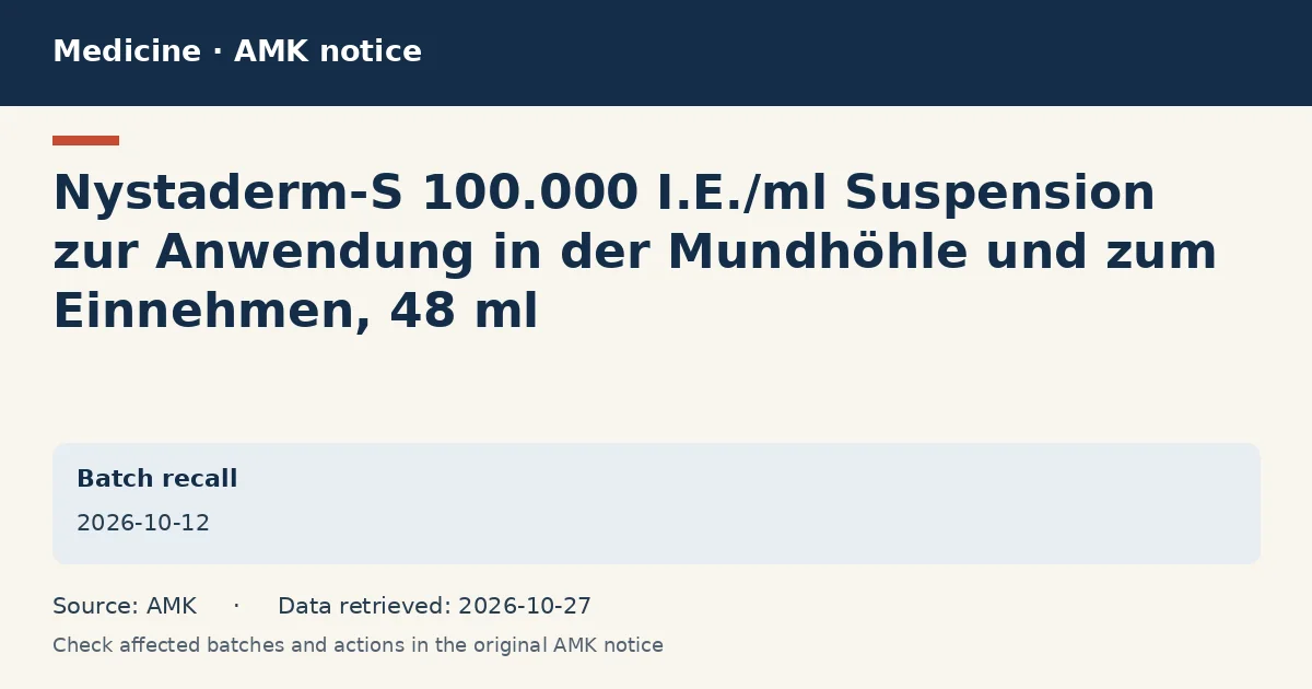Nystaderm-S 100.000 I.E./ml Suspension zur Anwendung in der Mundhöhle und zum Einnehmen, 48 ml: AMK notice data card dated 2026-10-12