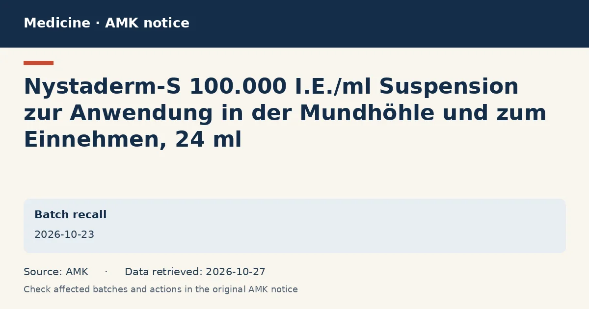 Nystaderm-S 100.000 I.E./ml Suspension zur Anwendung in der Mundhöhle und zum Einnehmen, 24 ml: AMK notice data card dated 2026-10-23