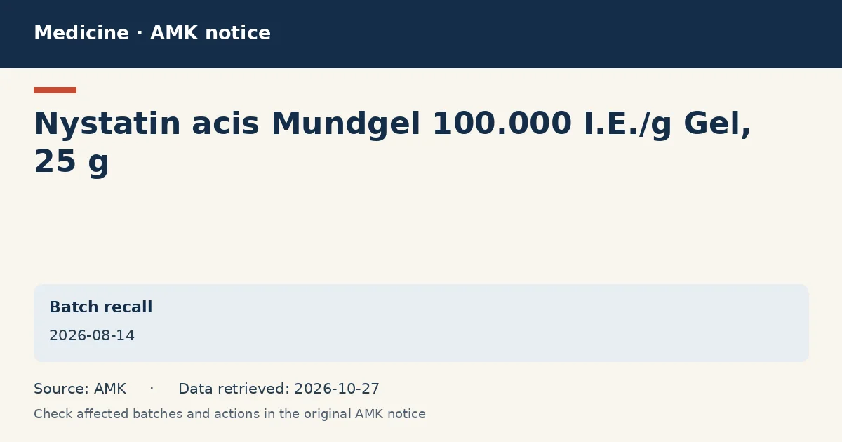 Nystatin acis Mundgel 100.000 I.E./g Gel, 25 g: AMK notice data card dated 2026-08-14