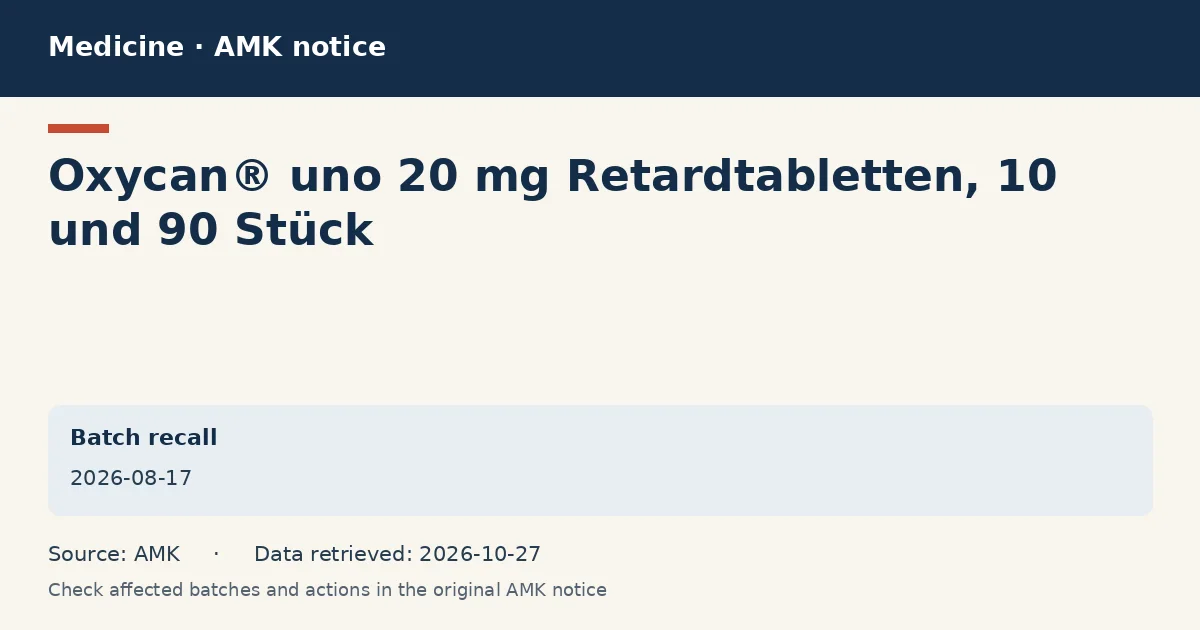 Oxycan® uno 20 mg Retardtabletten, 10 und 90 Stück: AMK notice data card dated 2026-08-17