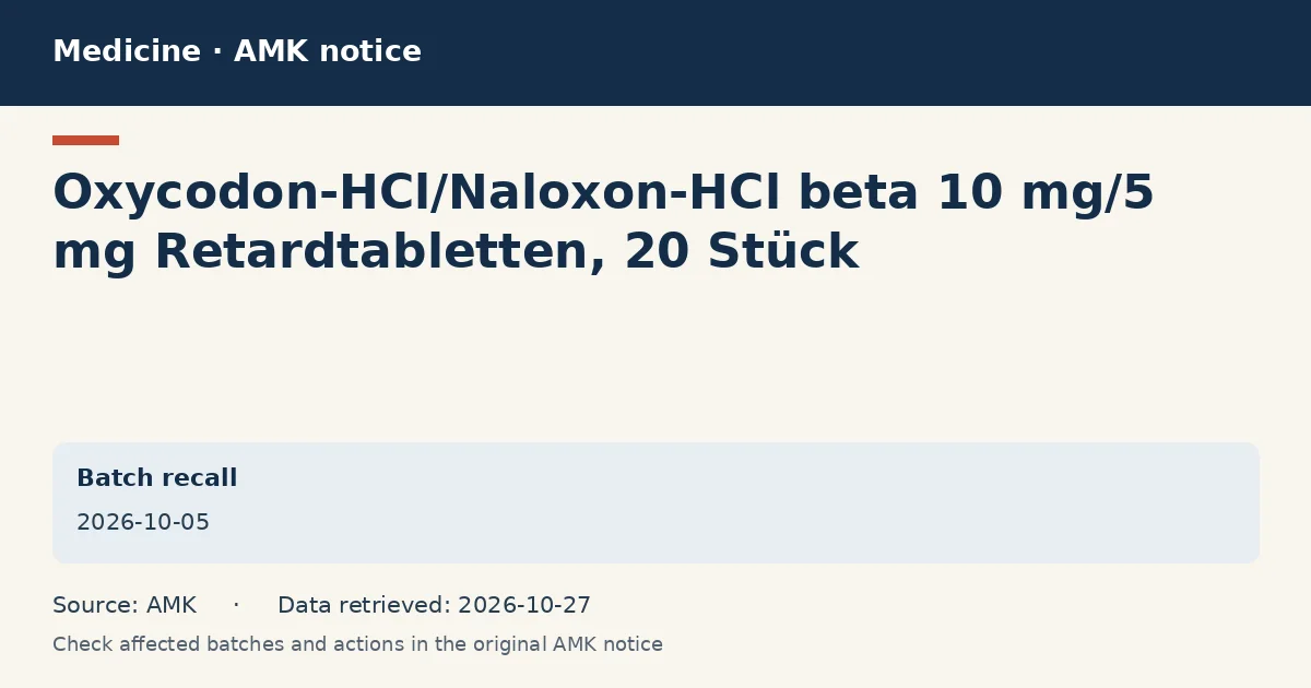 Oxycodon-HCl/Naloxon-HCl beta 10 mg/5 mg Retardtabletten, 20 Stück: AMK notice data card dated 2026-10-05