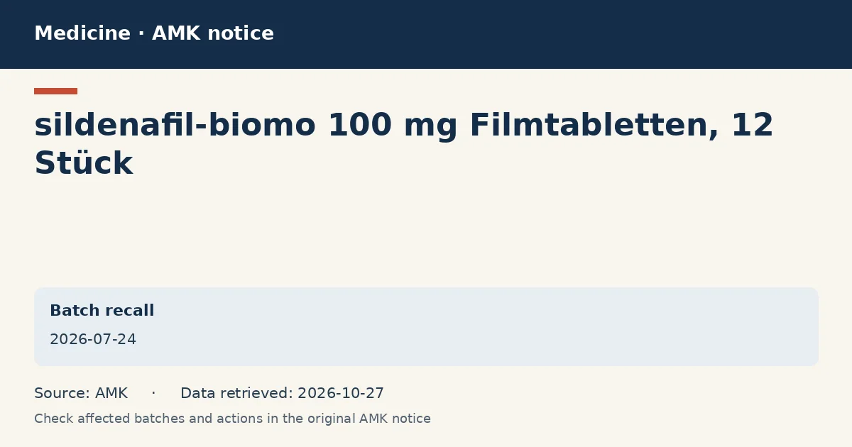 sildenafil-biomo 100 mg Filmtabletten, 12 Stück: AMK notice data card dated 2026-07-24