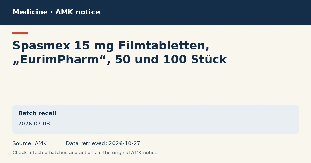 Spasmex 15 mg Filmtabletten, „EurimPharm“, 50 und 100 Stück: AMK notice data card dated 2026-07-08