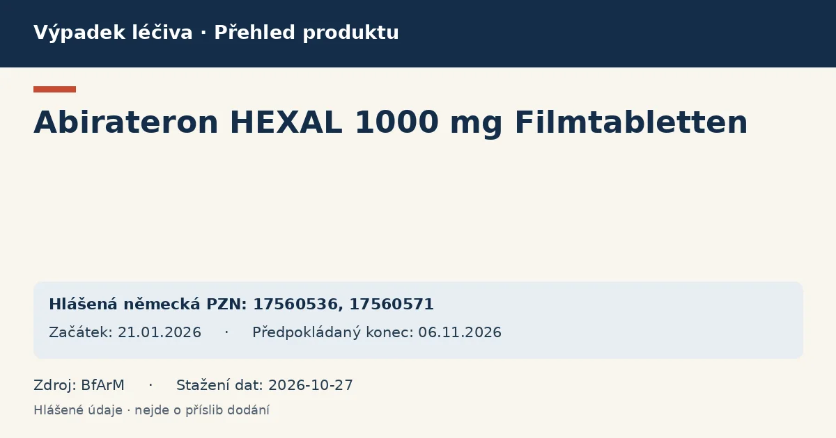 Abirateron HEXAL 1000 mg Filmtabletten: přehled německého výpadku s hlášenými baleními a obdobím (BfArM) Abirateron HEXAL 1000 mg Filmtabletten: přehled německého výpadku s hlášenými baleními a obdobím (BfArM)