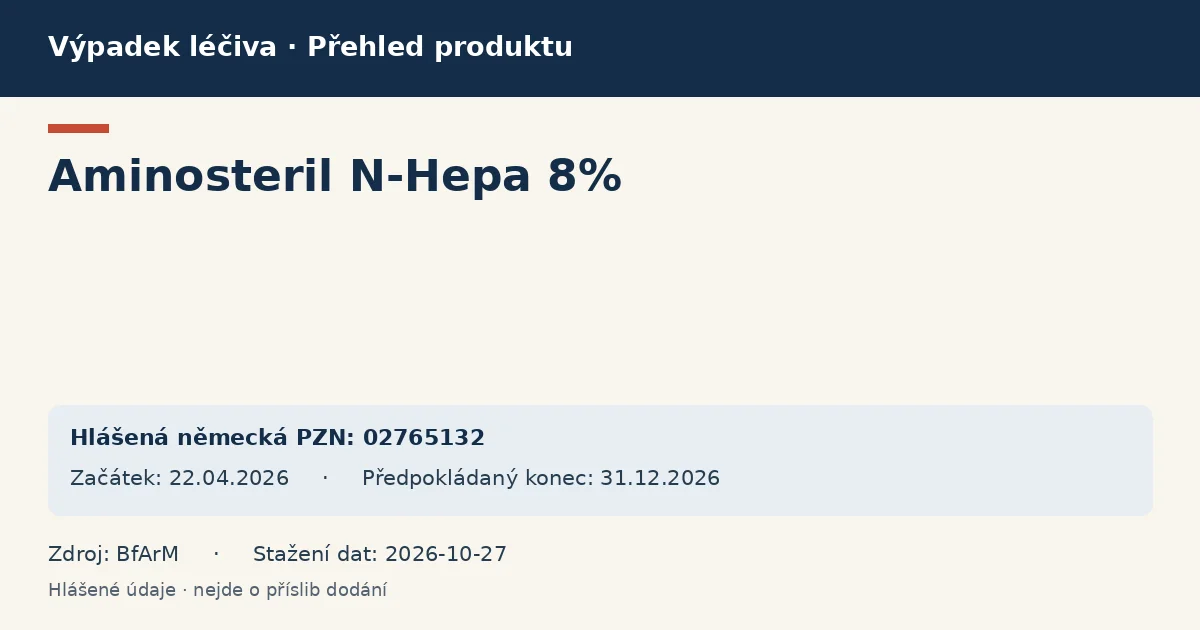 Aminosteril N-Hepa 8%: přehled německého výpadku s hlášenými baleními a obdobím (BfArM) Aminosteril N-Hepa 8%: přehled německého výpadku s hlášenými baleními a obdobím (BfArM)