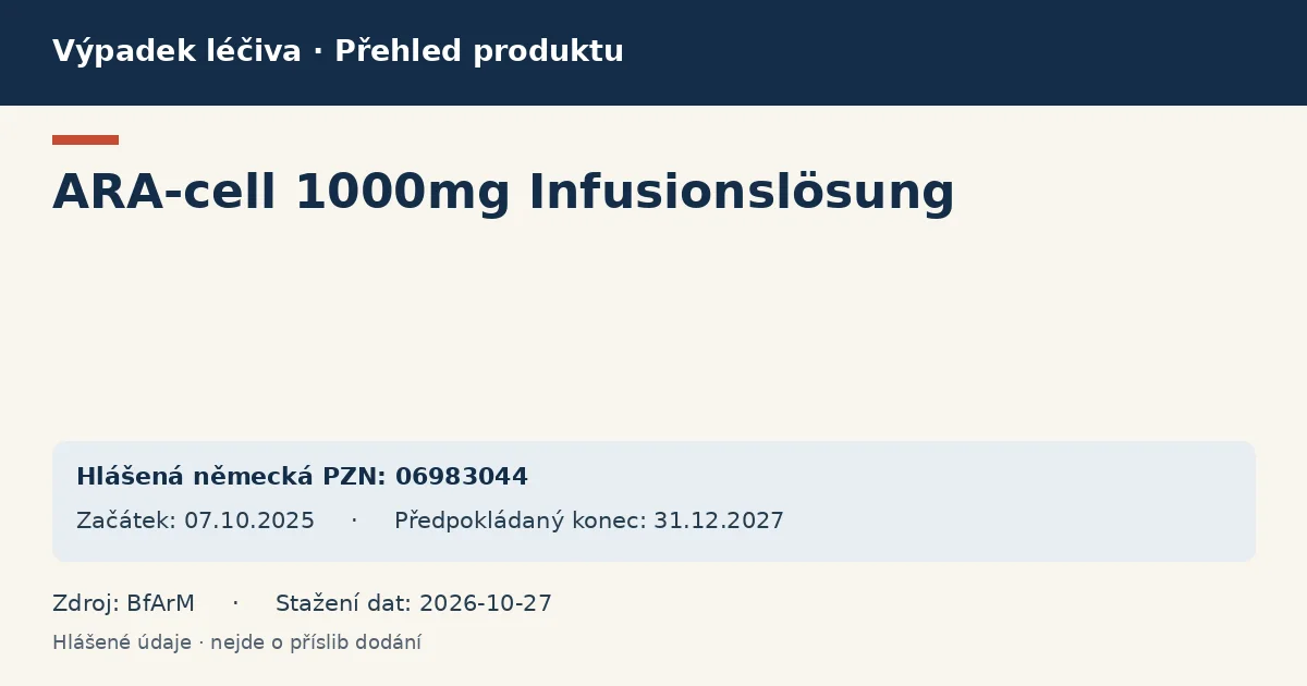ARA-cell 1000mg Infusionslösung: přehled německého výpadku s hlášenými baleními a obdobím (BfArM) ARA-cell 1000mg Infusionslösung: přehled německého výpadku s hlášenými baleními a obdobím (BfArM)