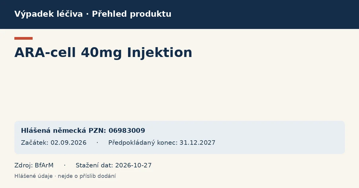 ARA-cell 40mg Injektion: přehled německého výpadku s hlášenými baleními a obdobím (BfArM) ARA-cell 40mg Injektion: přehled německého výpadku s hlášenými baleními a obdobím (BfArM)