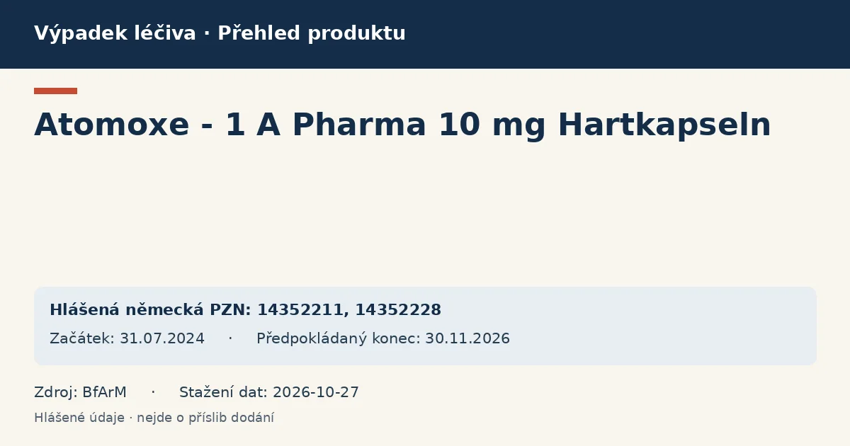 Atomoxe - 1 A Pharma 10 mg Hartkapseln: přehled německého výpadku s hlášenými baleními a obdobím (BfArM) Atomoxe - 1 A Pharma 10 mg Hartkapseln: přehled německého výpadku s hlášenými baleními a obdobím (BfArM)