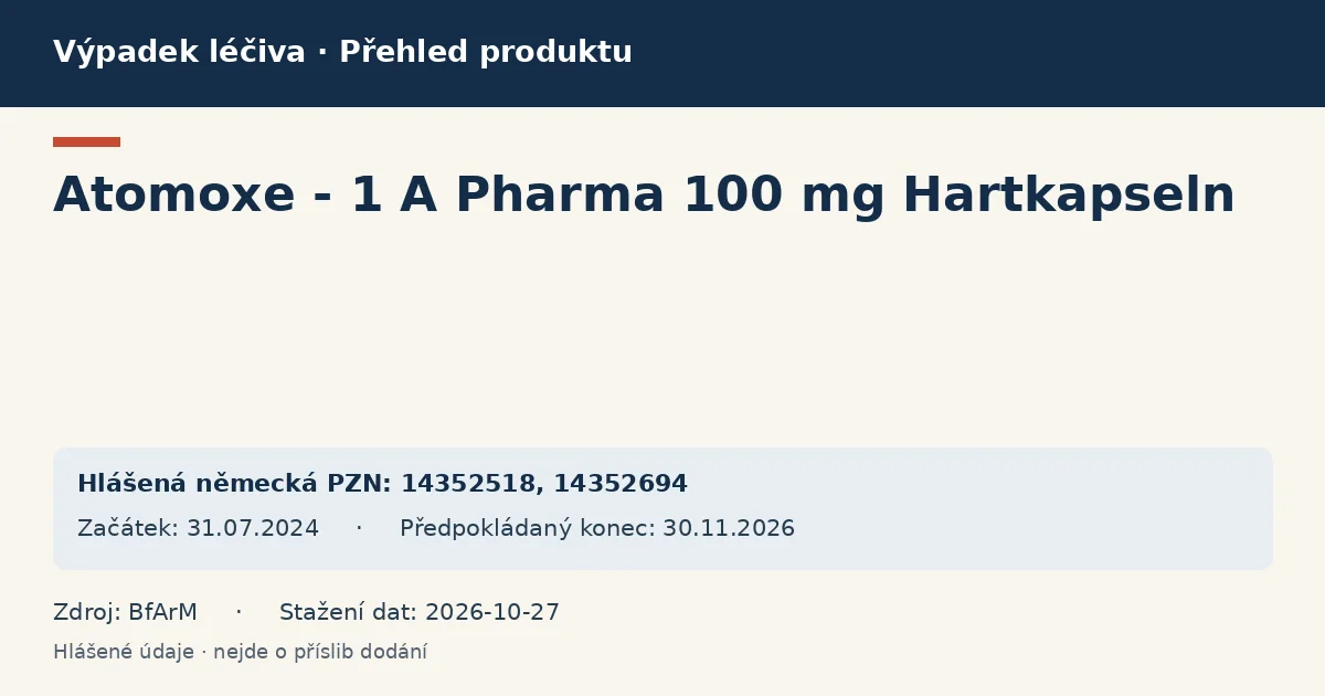 Atomoxe - 1 A Pharma 100 mg Hartkapseln: přehled německého výpadku s hlášenými baleními a obdobím (BfArM) Atomoxe - 1 A Pharma 100 mg Hartkapseln: přehled německého výpadku s hlášenými baleními a obdobím (BfArM)