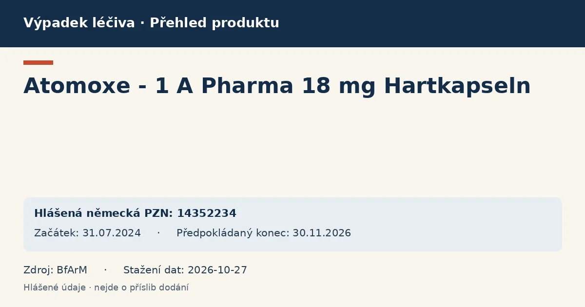 Atomoxe - 1 A Pharma 18 mg Hartkapseln: přehled německého výpadku s hlášenými baleními a obdobím (BfArM) Atomoxe - 1 A Pharma 18 mg Hartkapseln: přehled německého výpadku s hlášenými baleními a obdobím (BfArM)