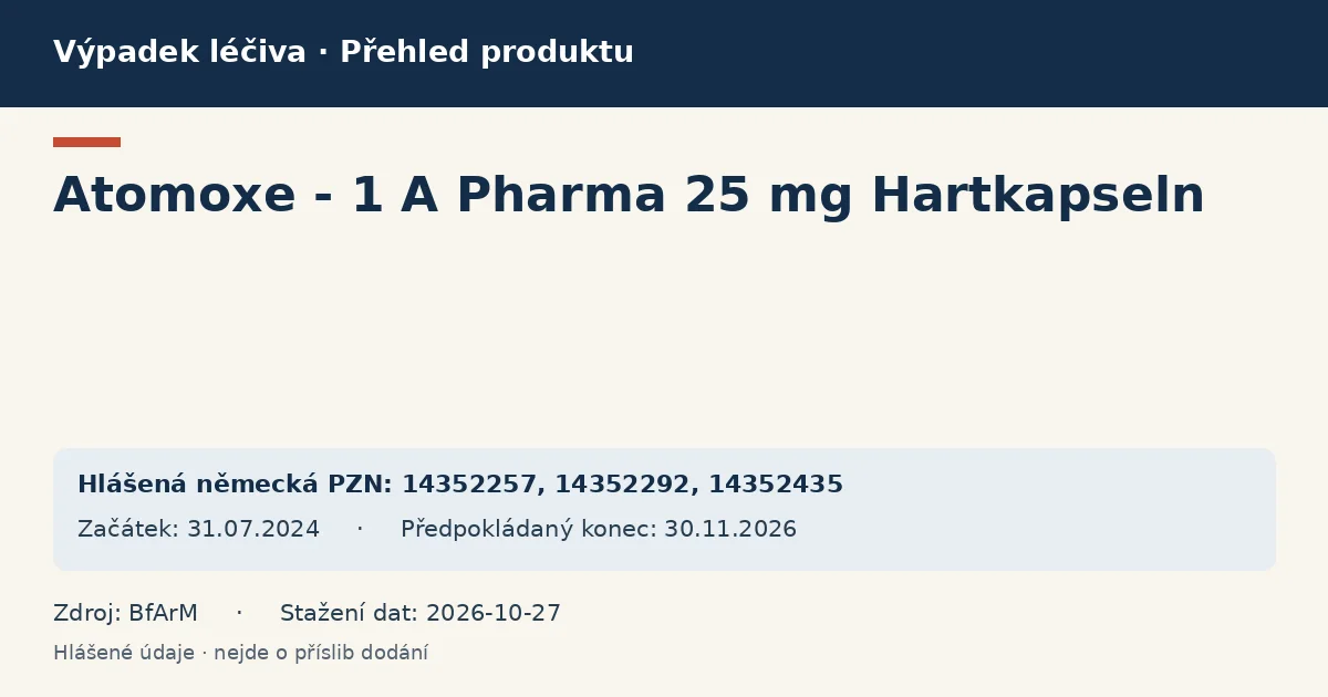 Atomoxe - 1 A Pharma 25 mg Hartkapseln: přehled německého výpadku s hlášenými baleními a obdobím (BfArM) Atomoxe - 1 A Pharma 25 mg Hartkapseln: přehled německého výpadku s hlášenými baleními a obdobím (BfArM)