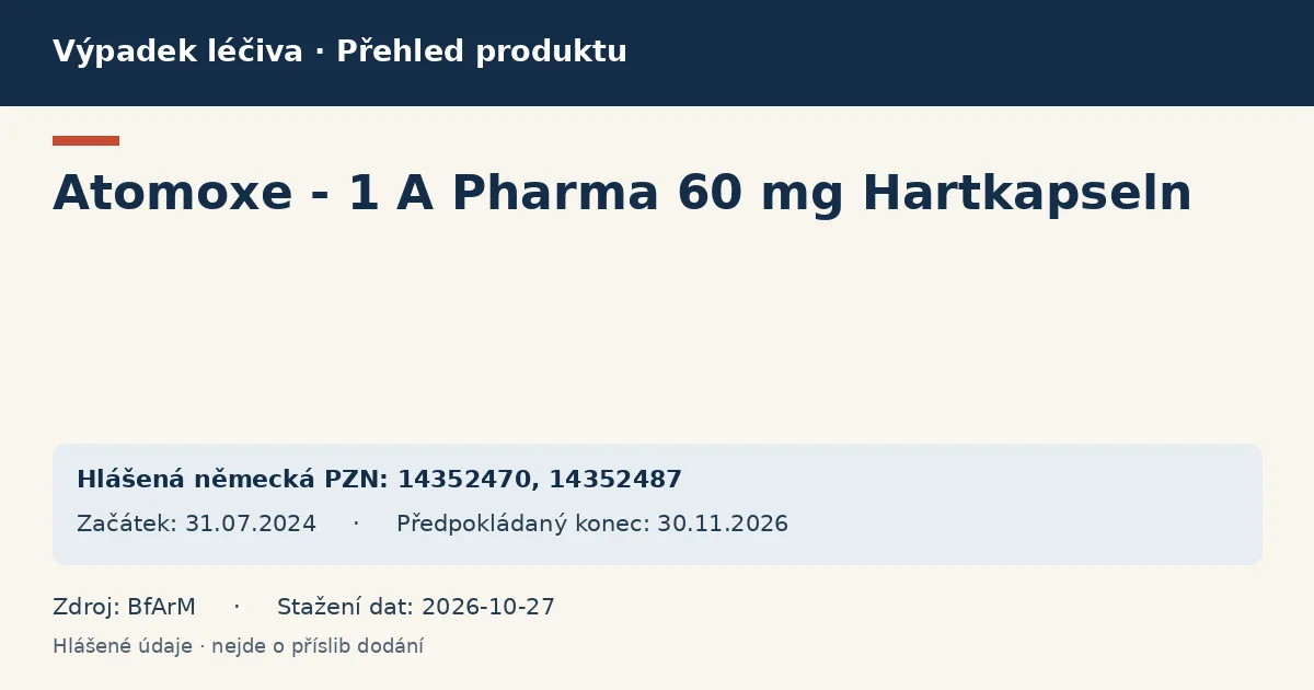 Atomoxe - 1 A Pharma 60 mg Hartkapseln: přehled německého výpadku s hlášenými baleními a obdobím (BfArM) Atomoxe - 1 A Pharma 60 mg Hartkapseln: přehled německého výpadku s hlášenými baleními a obdobím (BfArM)