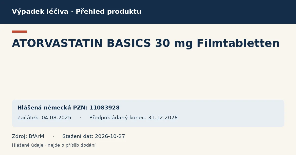 ATORVASTATIN BASICS 30 mg Filmtabletten: přehled německého výpadku s hlášenými baleními a obdobím (BfArM) ATORVASTATIN BASICS 30 mg Filmtabletten: přehled německého výpadku s hlášenými baleními a obdobím (BfArM)
