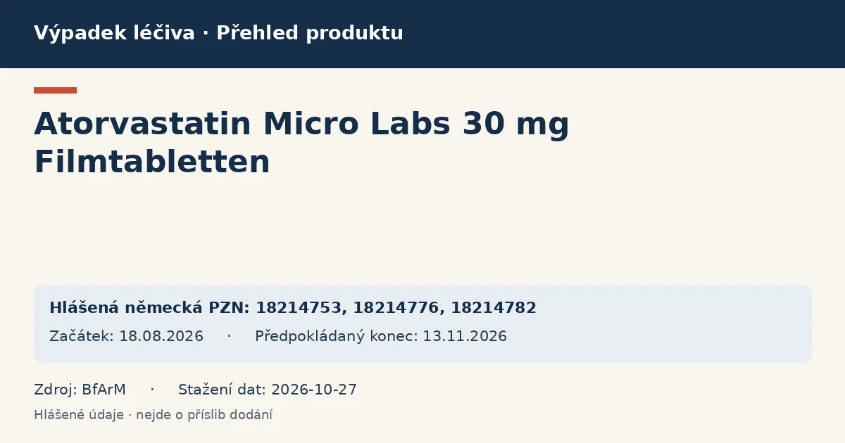 Atorvastatin Micro Labs 30 mg Filmtabletten: přehled německého výpadku s hlášenými baleními a obdobím (BfArM) Atorvastatin Micro Labs 30 mg Filmtabletten: přehled německého výpadku s hlášenými baleními a obdobím (BfArM)
