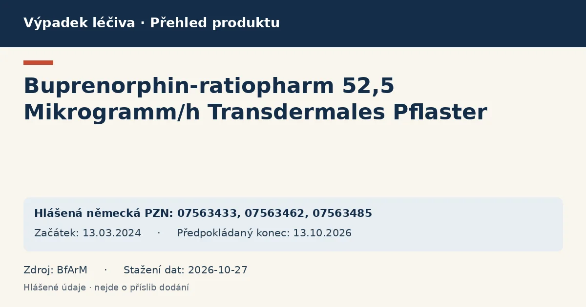 Buprenorphin-ratiopharm 52,5 Mikrogramm/h Transdermales Pflaster: přehled německého výpadku s hlášenými baleními a obdobím (BfArM) Buprenorphin-ratiopharm 52,5 Mikrogramm/h Transdermales Pflaster: přehled německého výpadku s hlášenými baleními a obdobím (BfArM)