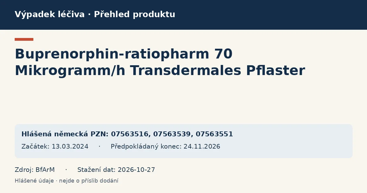 Buprenorphin-ratiopharm 70 Mikrogramm/h Transdermales Pflaster: přehled německého výpadku s hlášenými baleními a obdobím (BfArM) Buprenorphin-ratiopharm 70 Mikrogramm/h Transdermales Pflaster: přehled německého výpadku s hlášenými baleními a obdobím (BfArM)