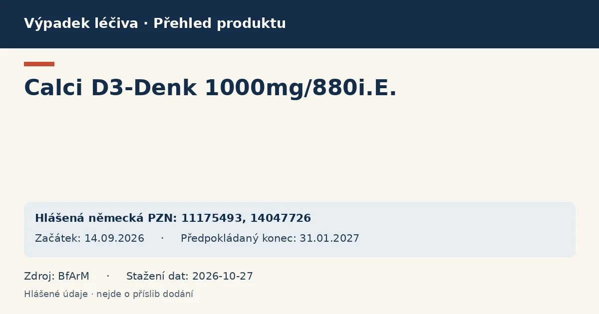 Calci D3-Denk 1000mg/880i.E.: přehled německého výpadku s hlášenými baleními a obdobím (BfArM) Calci D3-Denk 1000mg/880i.E.: přehled německého výpadku s hlášenými baleními a obdobím (BfArM)