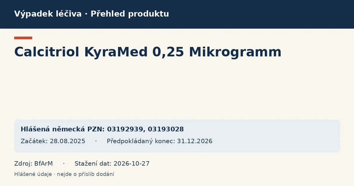 Calcitriol KyraMed 0,25 Mikrogramm: přehled německého výpadku s hlášenými baleními a obdobím (BfArM) Calcitriol KyraMed 0,25 Mikrogramm: přehled německého výpadku s hlášenými baleními a obdobím (BfArM)