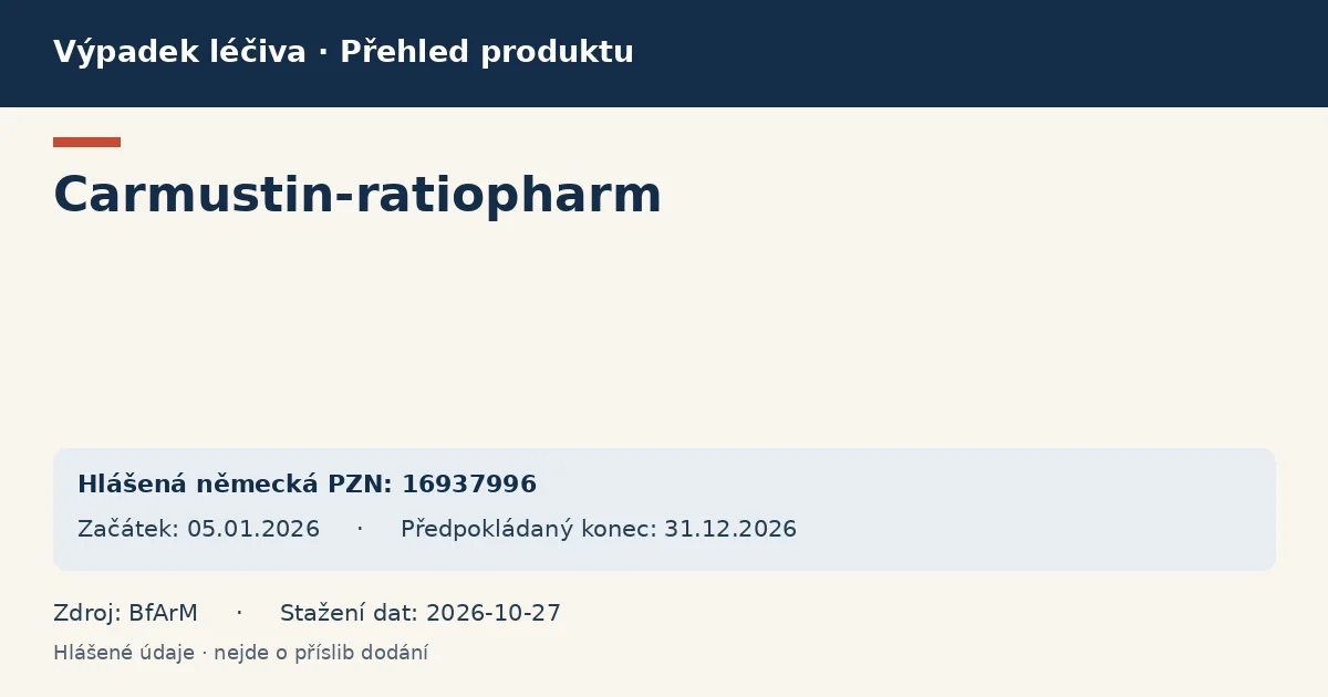 Carmustin-ratiopharm: přehled německého výpadku s hlášenými baleními a obdobím (BfArM) Carmustin-ratiopharm: přehled německého výpadku s hlášenými baleními a obdobím (BfArM)