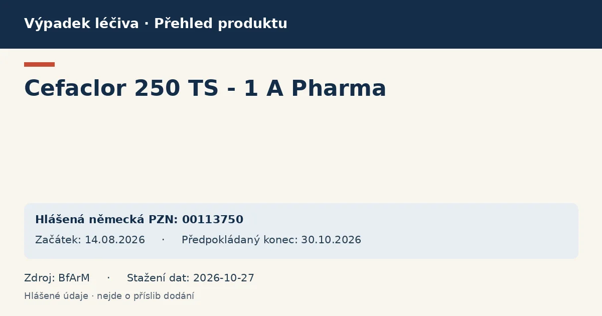 Cefaclor 250 TS - 1 A Pharma: přehled německého výpadku s hlášenými baleními a obdobím (BfArM) Cefaclor 250 TS - 1 A Pharma: přehled německého výpadku s hlášenými baleními a obdobím (BfArM)