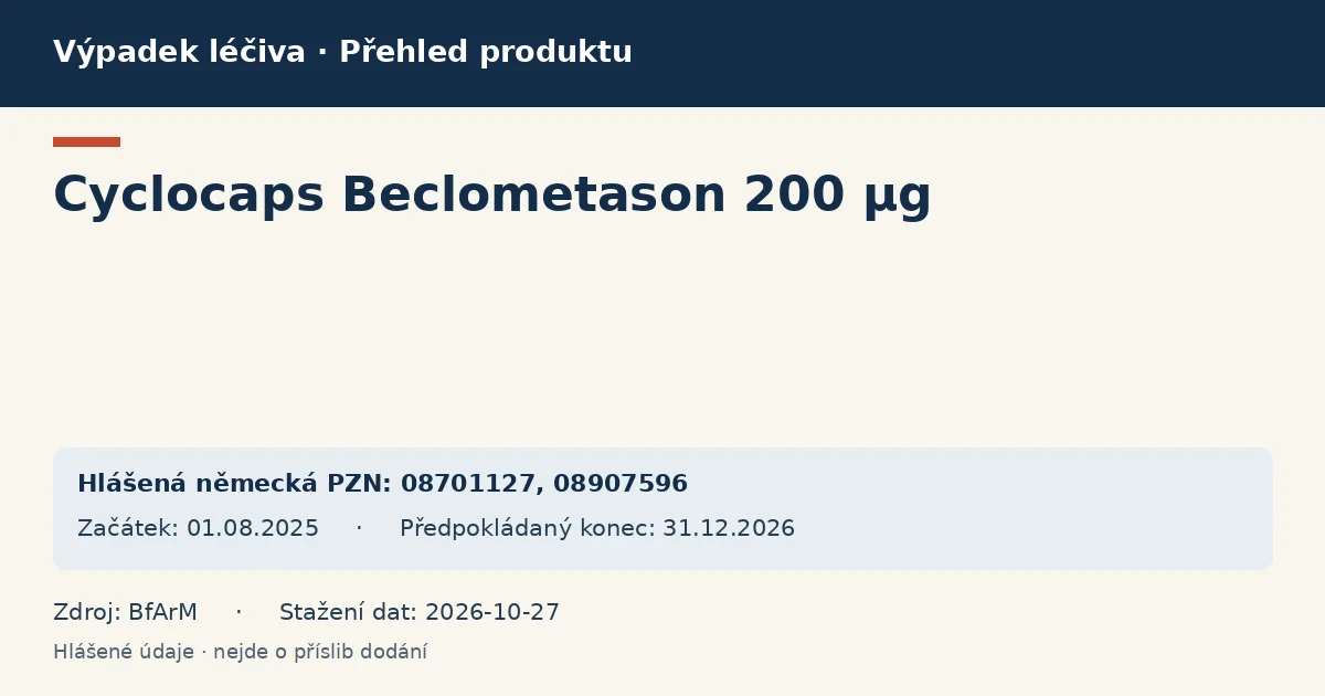 Cyclocaps Beclometason 200 µg: přehled německého výpadku s hlášenými baleními a obdobím (BfArM) Cyclocaps Beclometason 200 µg: přehled německého výpadku s hlášenými baleními a obdobím (BfArM)